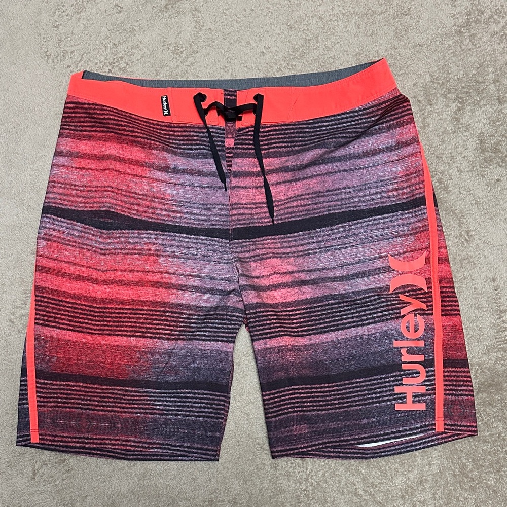 Hurley Men's Orangish-Red and Black Board Shorts. Size 33